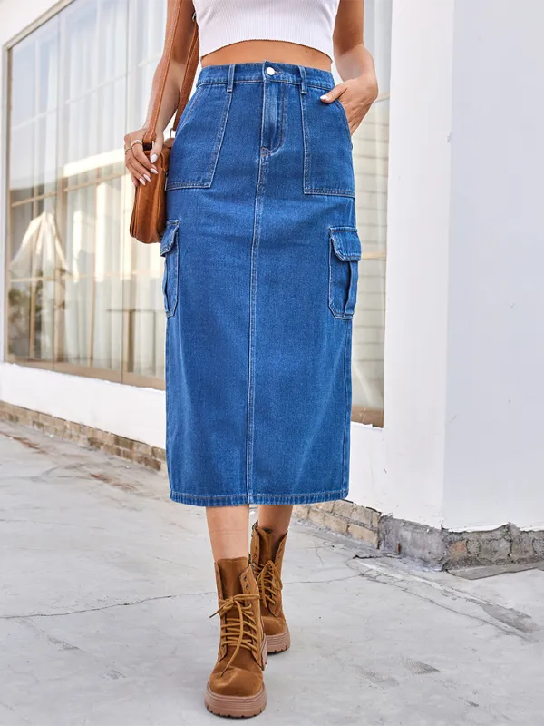 TEEK - Blue Washed A-Line Cargo Denim Skirt