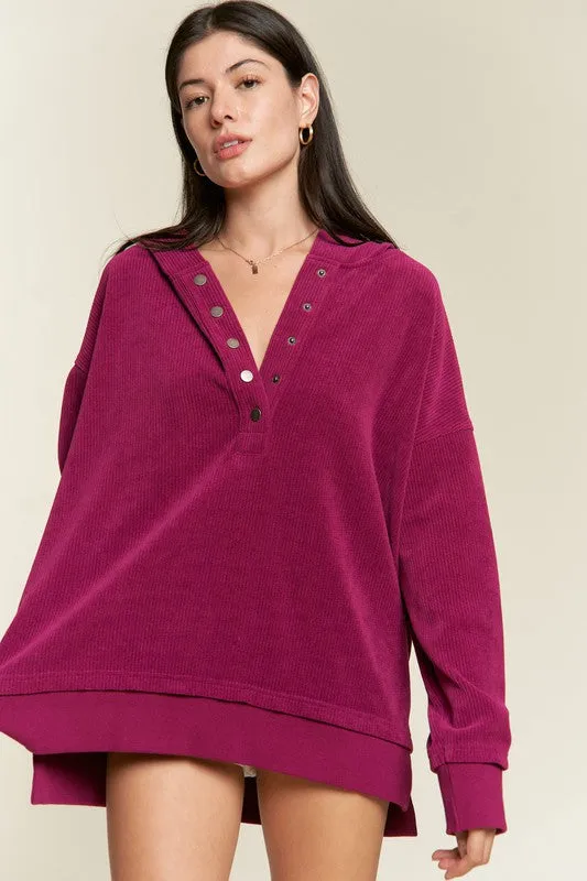 TEEK - Plus Size Button Down Ribbed Hooded Sweatshirt