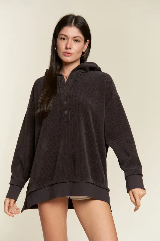 TEEK - Plus Size Button Down Ribbed Hooded Sweatshirt