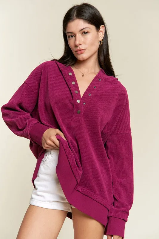 TEEK - Plus Size Button Down Ribbed Hooded Sweatshirt