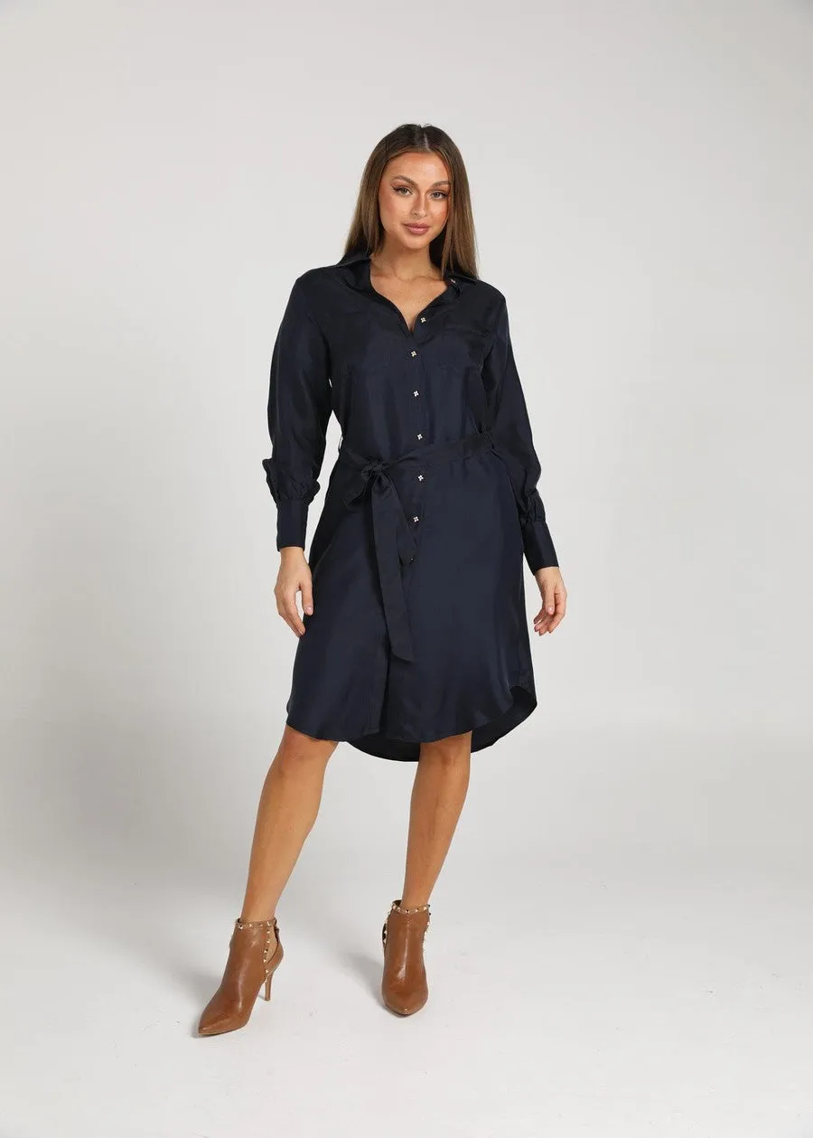 The Silk Long-sleeve Shirt Dress - Ink