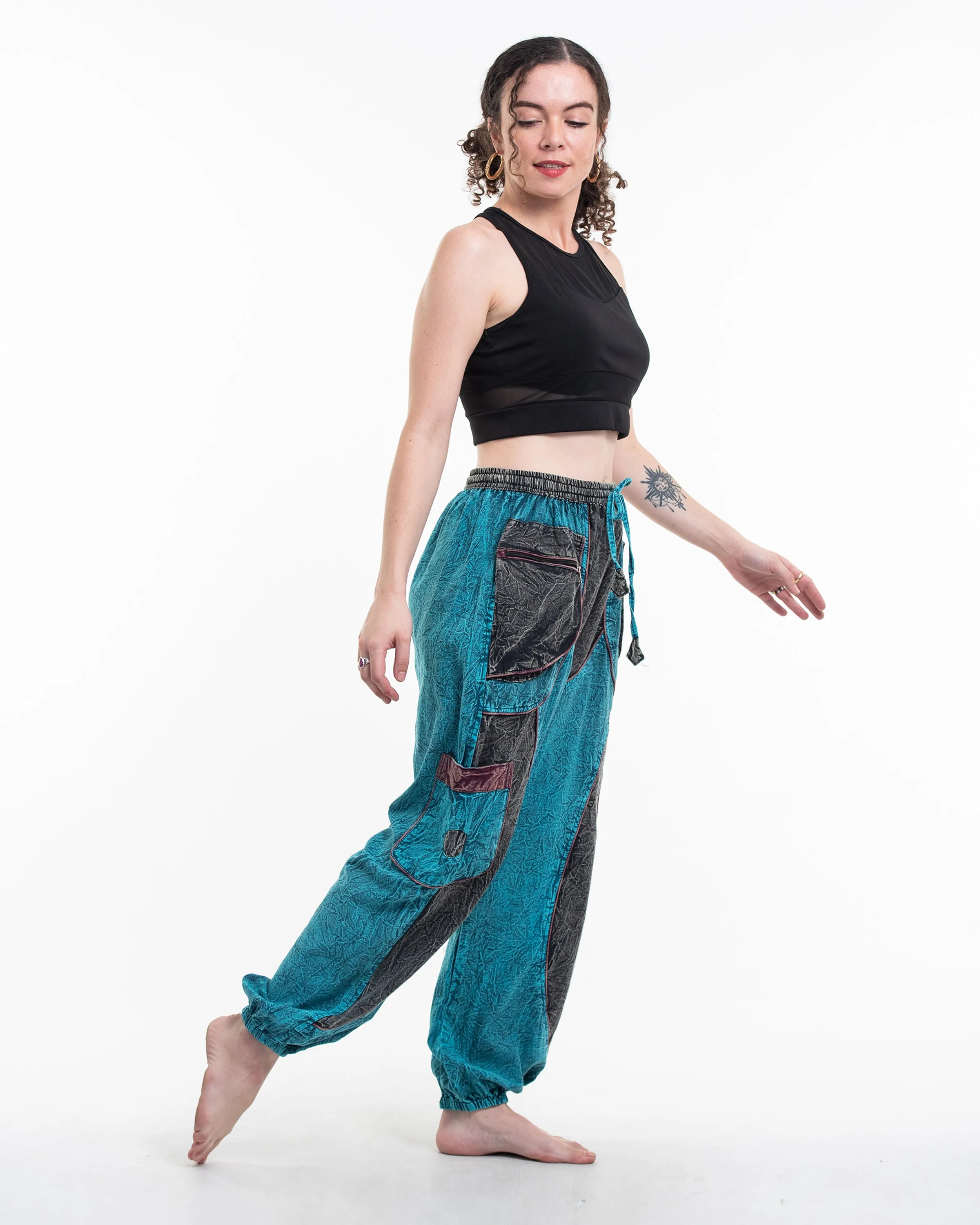 Unisex Patchwork Stone Washed Cargo Cotton Pants in Blue 05