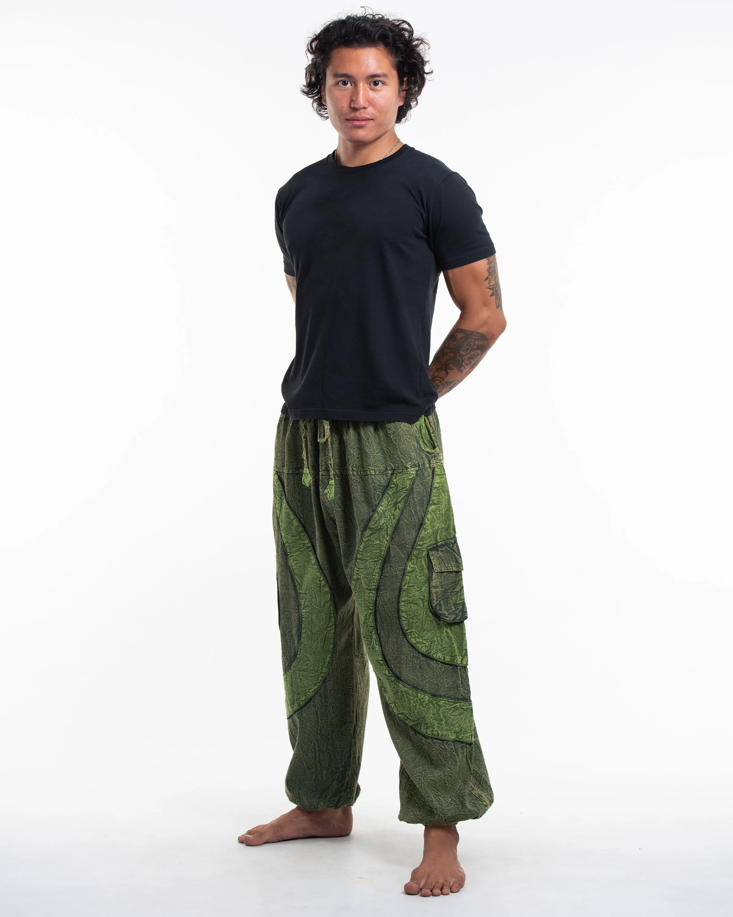 Unisex Patchwork Stone Washed Cargo Cotton Pants in Green 04