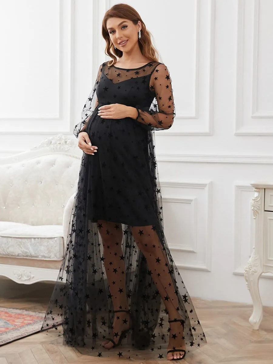 V-Neck Tulle Double Skirt Floor-Length Maternity Dress