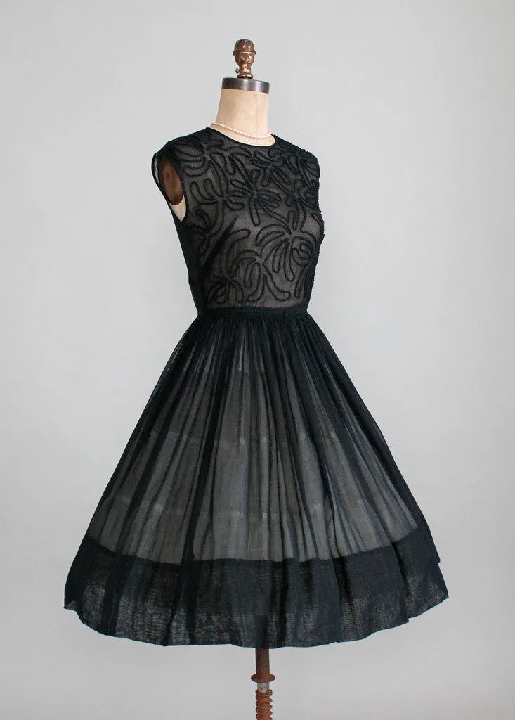 Vintage 1950s Sheer Black Soutache Dress