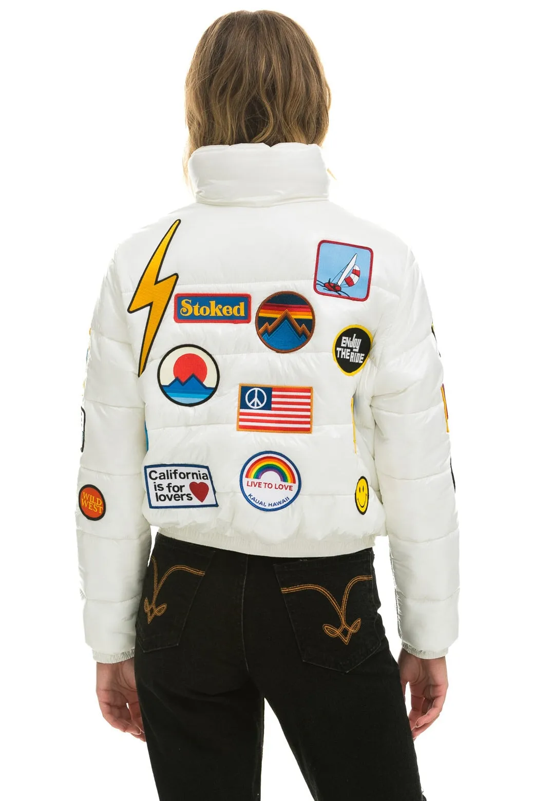 VINTAGE PATCH APRES PUFFER JACKET - WHITE GLOSSY