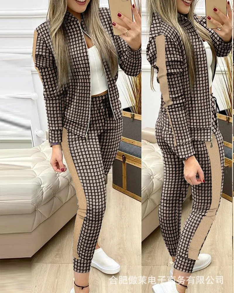 Wenkouban  2023 new long sports leisure stitching plaid leisure suit