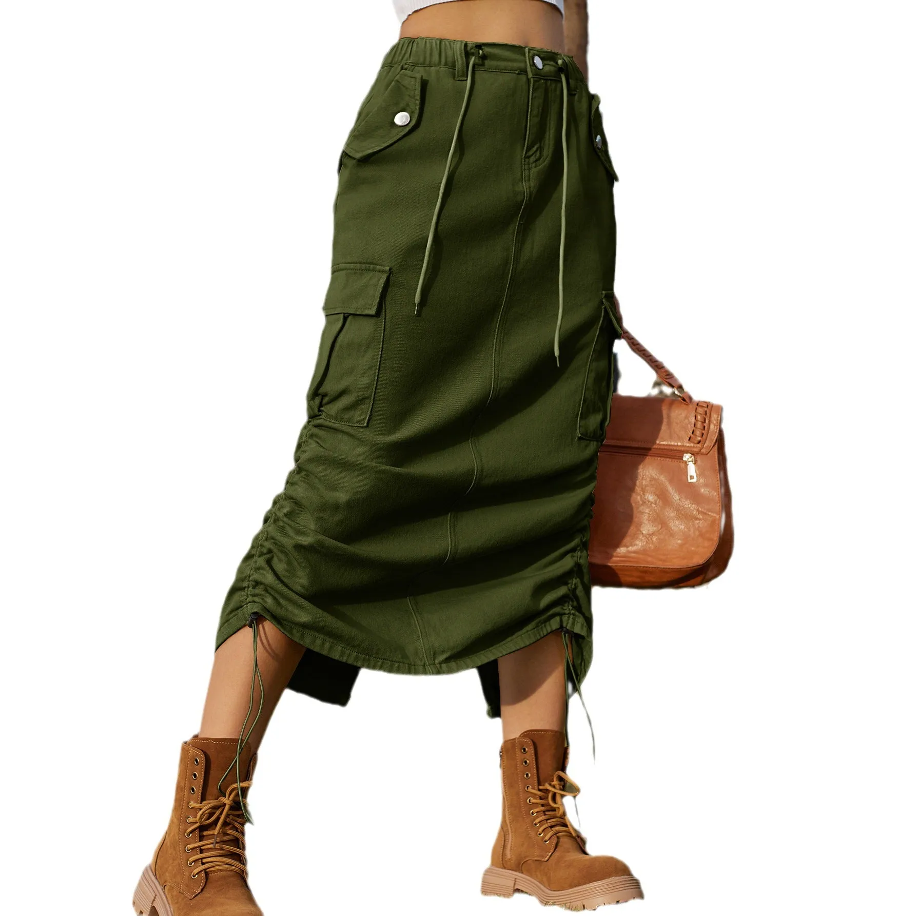 Wenkouban skirt outfits American Style Single Station New Drawstring Elastic Waist Overalls Skirt Casual Mid-Length Skirt Trendy Women