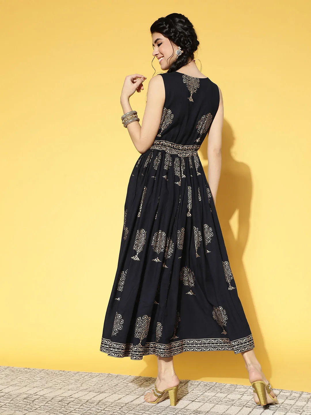 Women Black & Beige Ethnic Motifs Printed Fit & Flare Dress