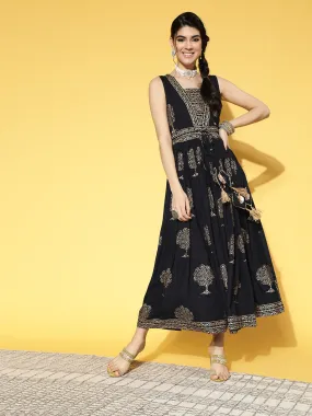 Women Black & Beige Ethnic Motifs Printed Fit & Flare Dress