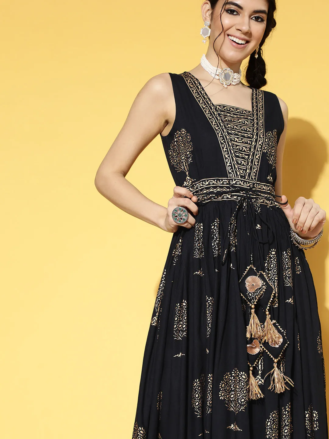 Women Black & Beige Ethnic Motifs Printed Fit & Flare Dress