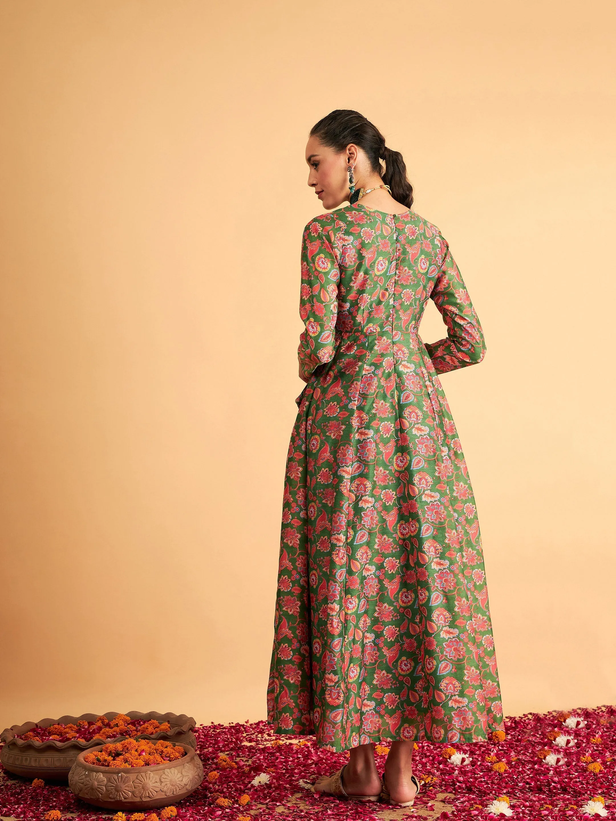 Women Green Floral Wrap Neck Anarkali Maxi Dress