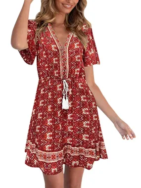 Women Paisley Print Short Sleeve V Neck Mini Dress With Drawstring