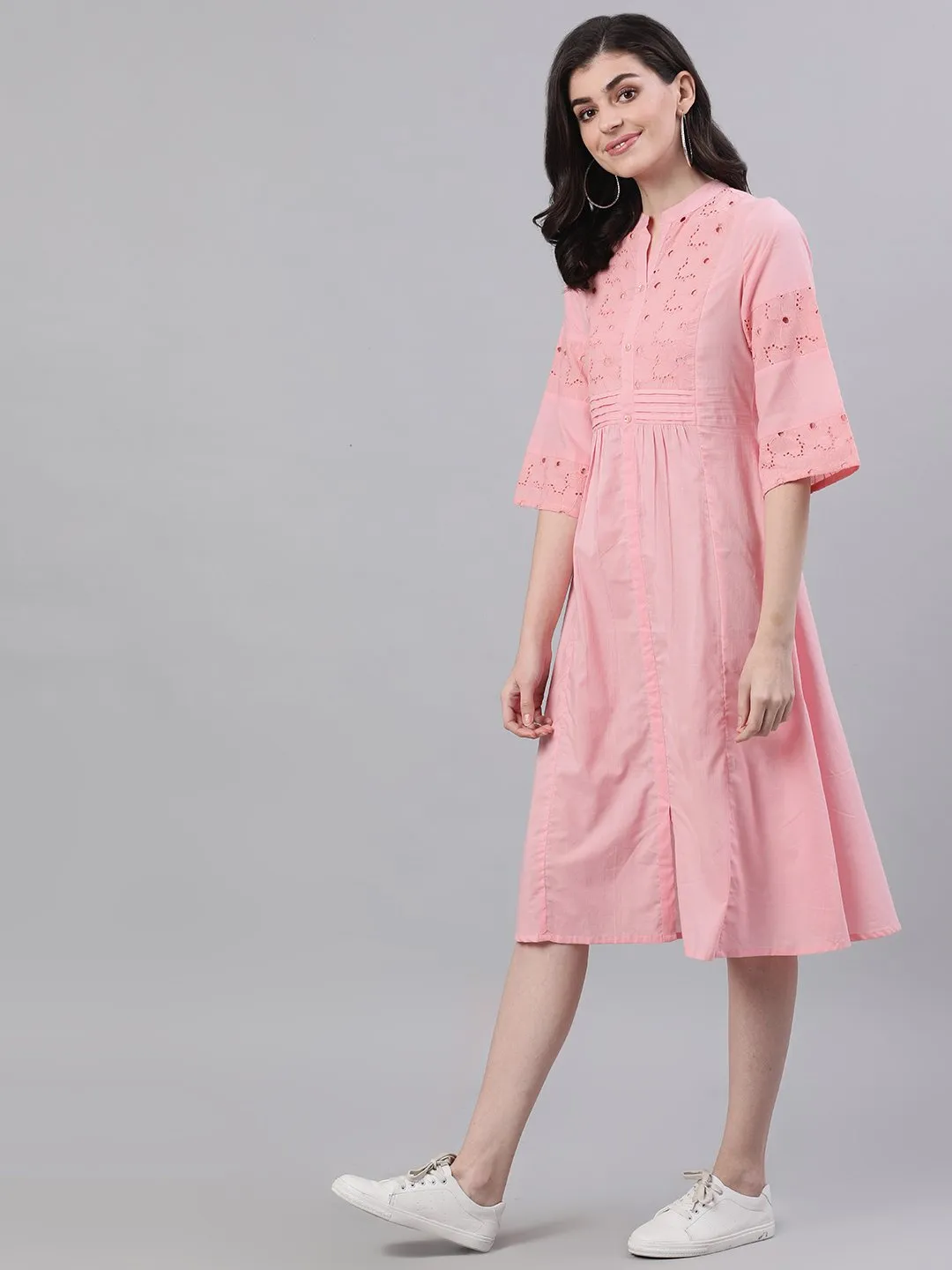 Women Pink Solid Solid Mandarin Collar Cotton Maxi Dress