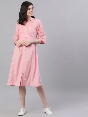 Women Pink Solid Solid Mandarin Collar Cotton Maxi Dress