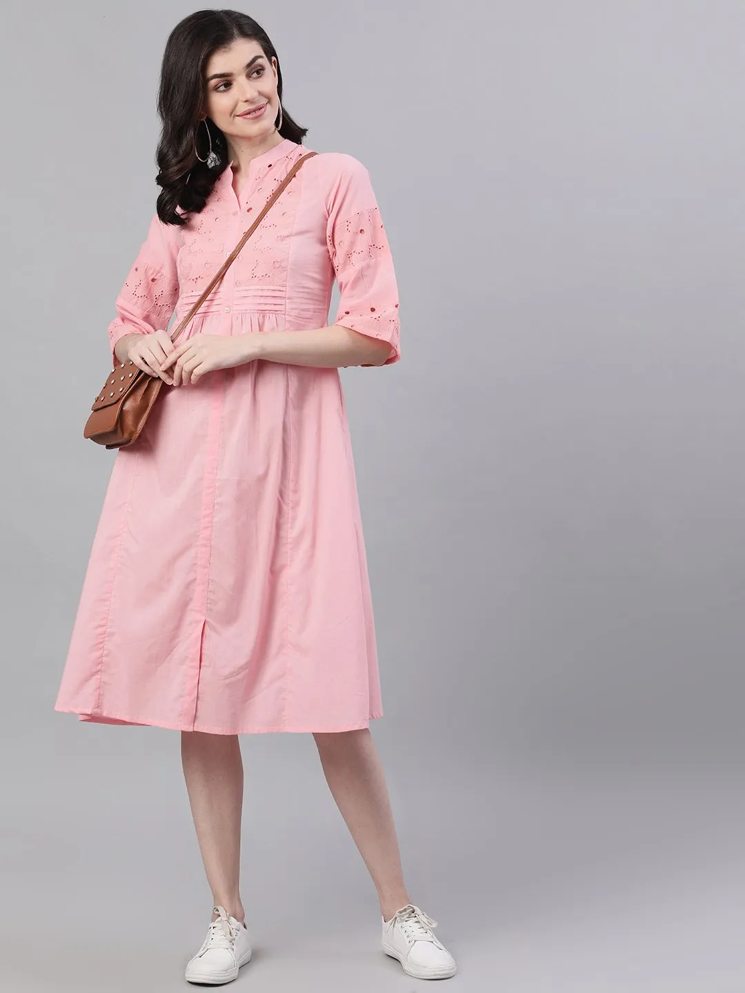 Women Pink Solid Solid Mandarin Collar Cotton Maxi Dress