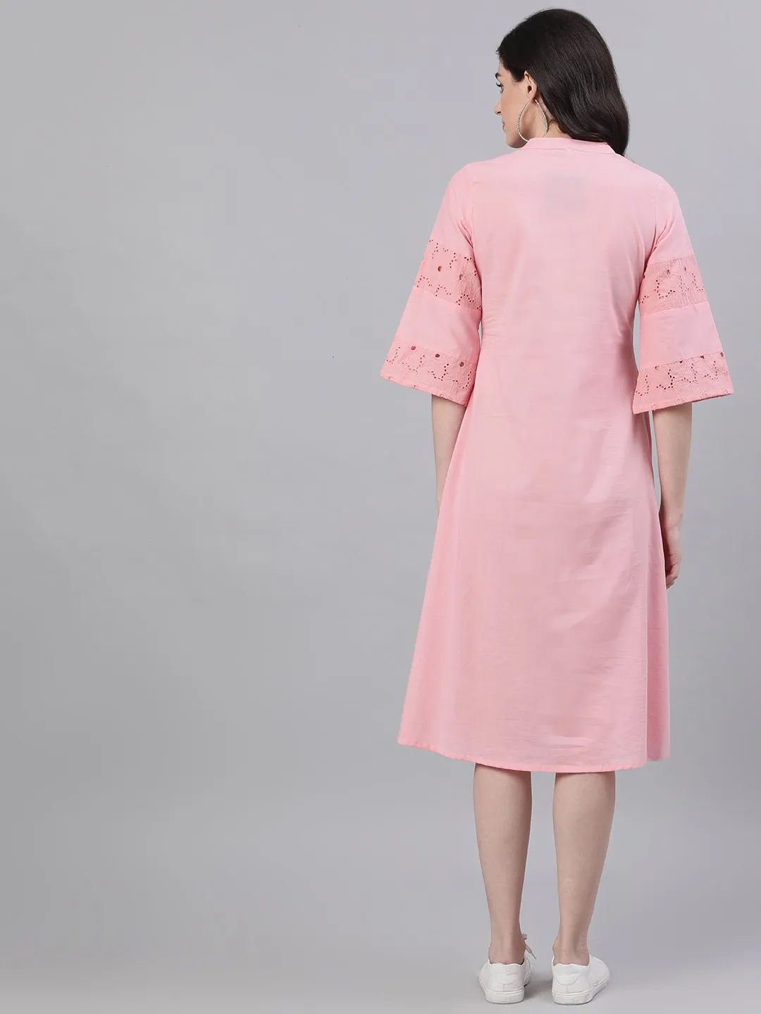 Women Pink Solid Solid Mandarin Collar Cotton Maxi Dress