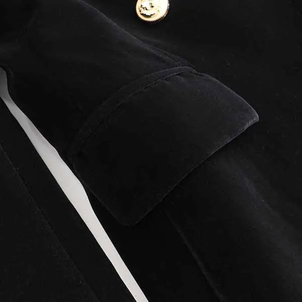 Women Velvet Black Double Breasted Blazer Gold Buttons Jacket