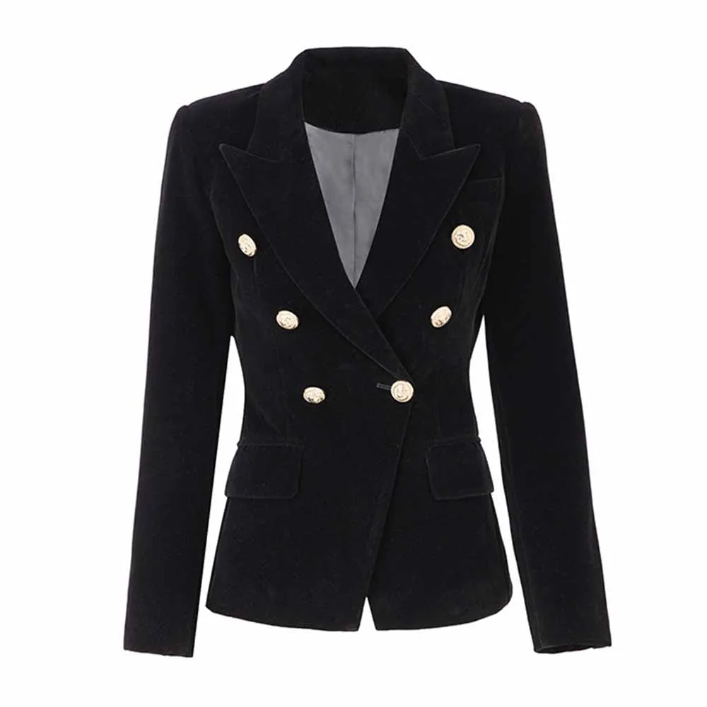 Women Velvet Black Double Breasted Blazer Gold Buttons Jacket