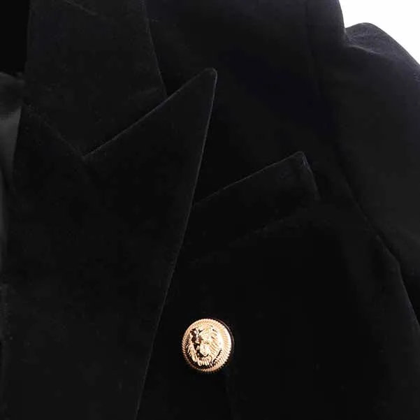 Women Velvet Black Double Breasted Blazer Gold Buttons Jacket