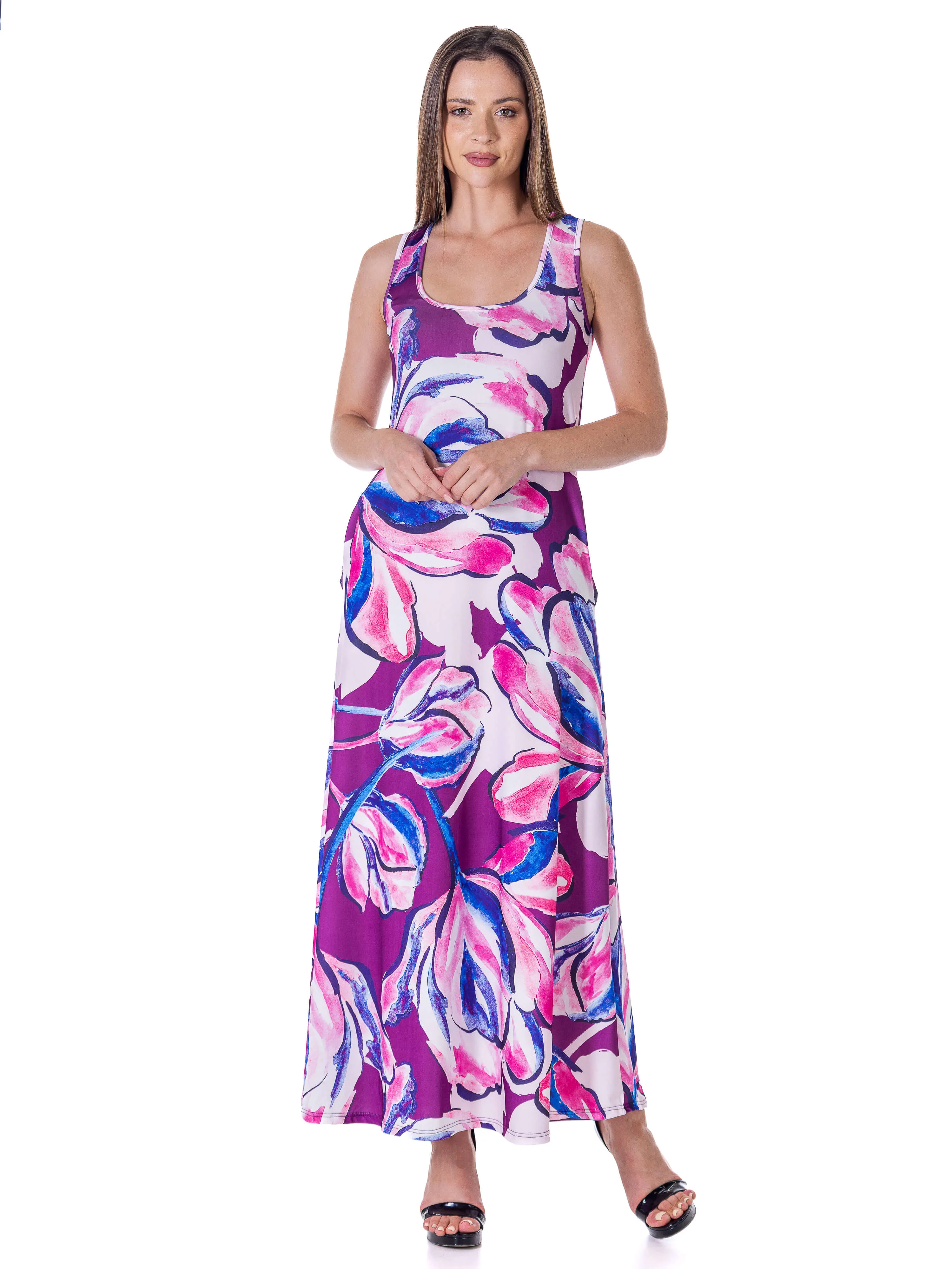 Womens Casual Purple Floral Scoop Neck Sleeveless Maxi Dress With Pockets