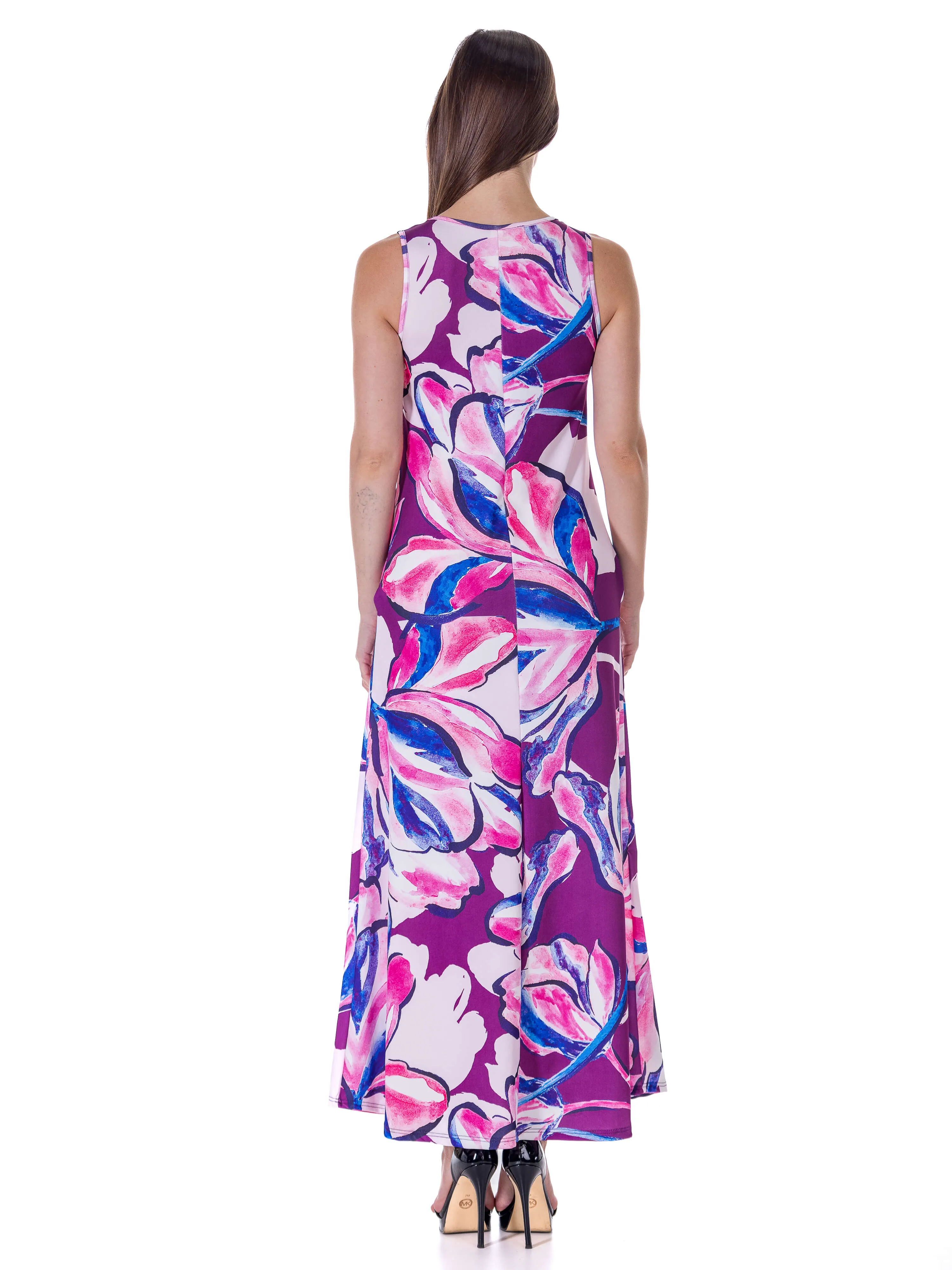 Womens Casual Purple Floral Scoop Neck Sleeveless Maxi Dress With Pockets