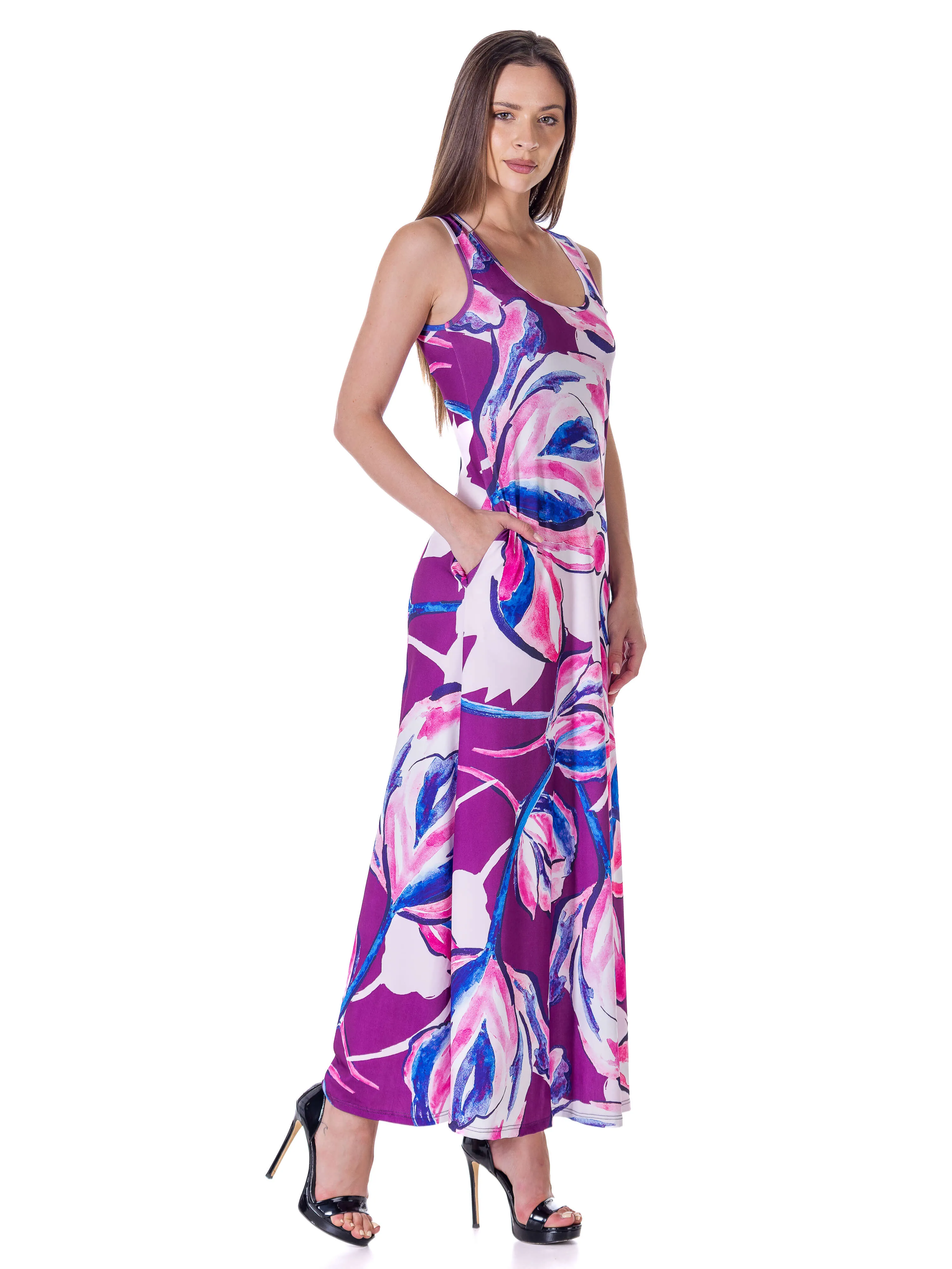 Womens Casual Purple Floral Scoop Neck Sleeveless Maxi Dress With Pockets