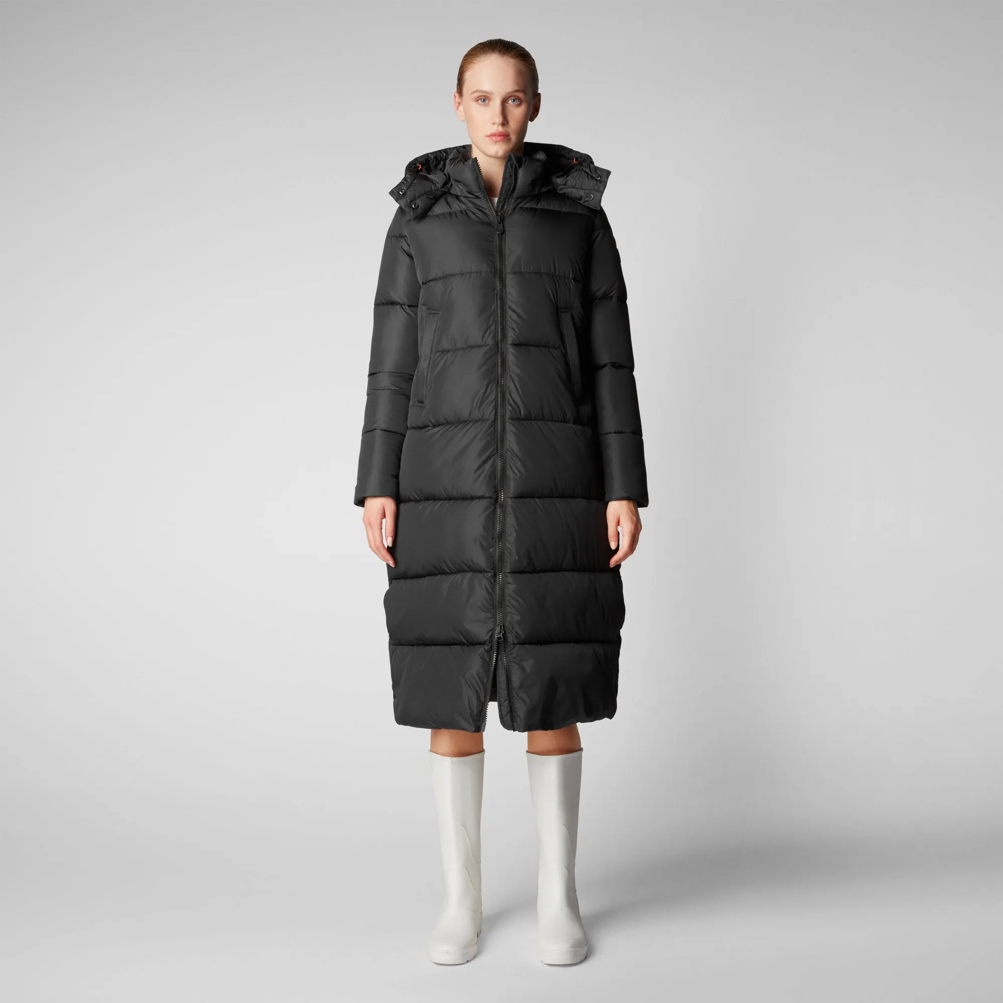 Women's Colette Long Puffer Coat with Detachable Hood in Black