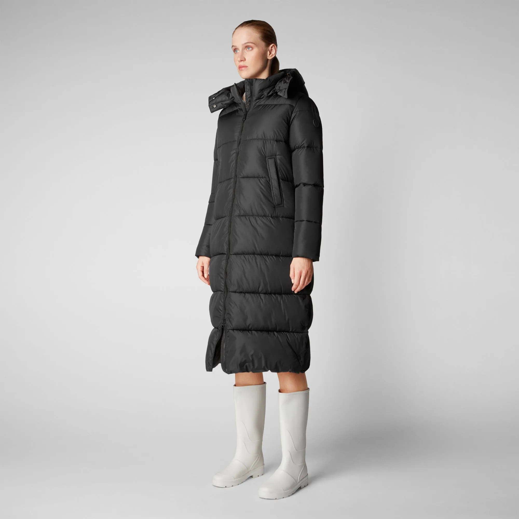 Women's Colette Long Puffer Coat with Detachable Hood in Black