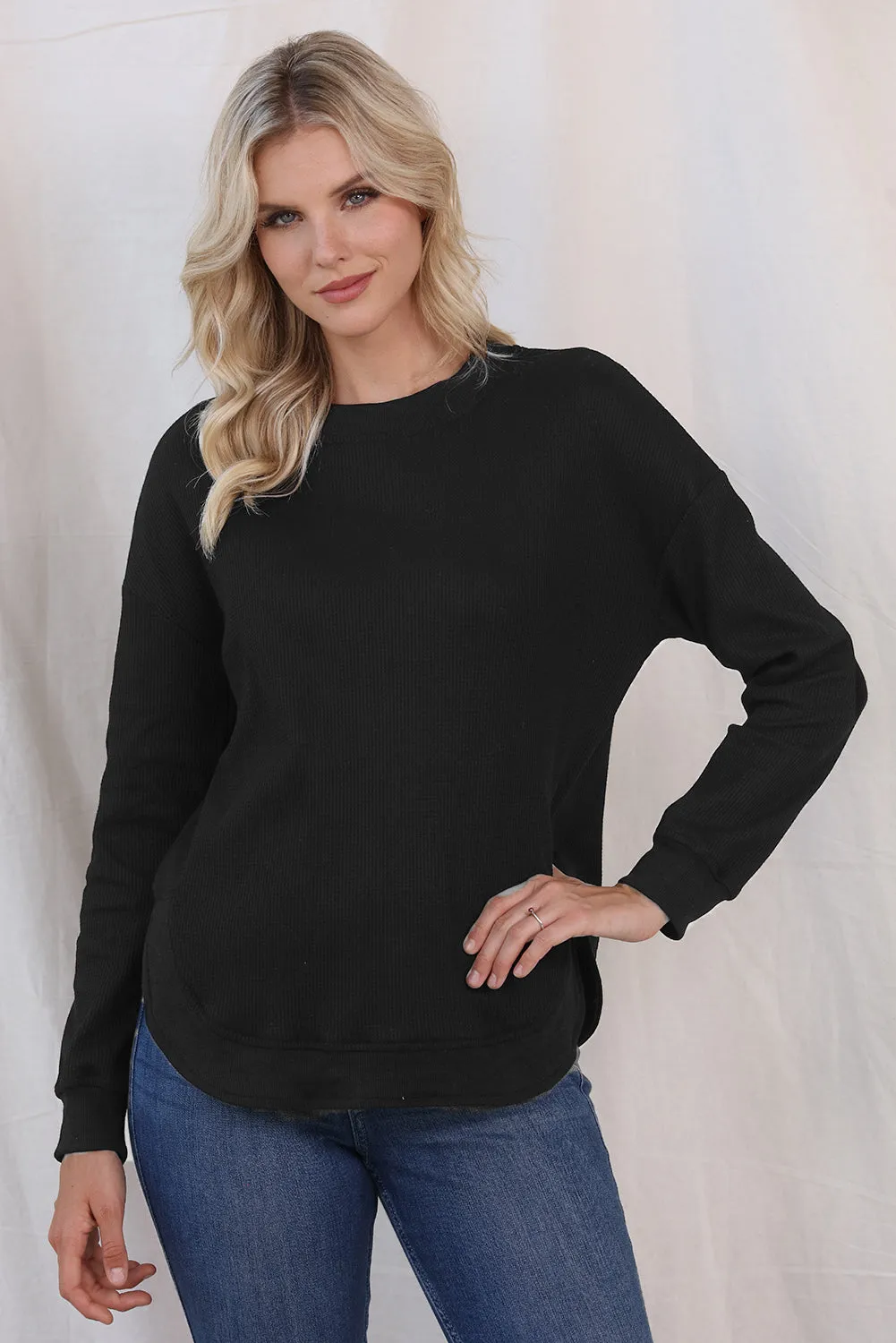 Women's Crew Neck Ribbed Trim Waffle Knit Top