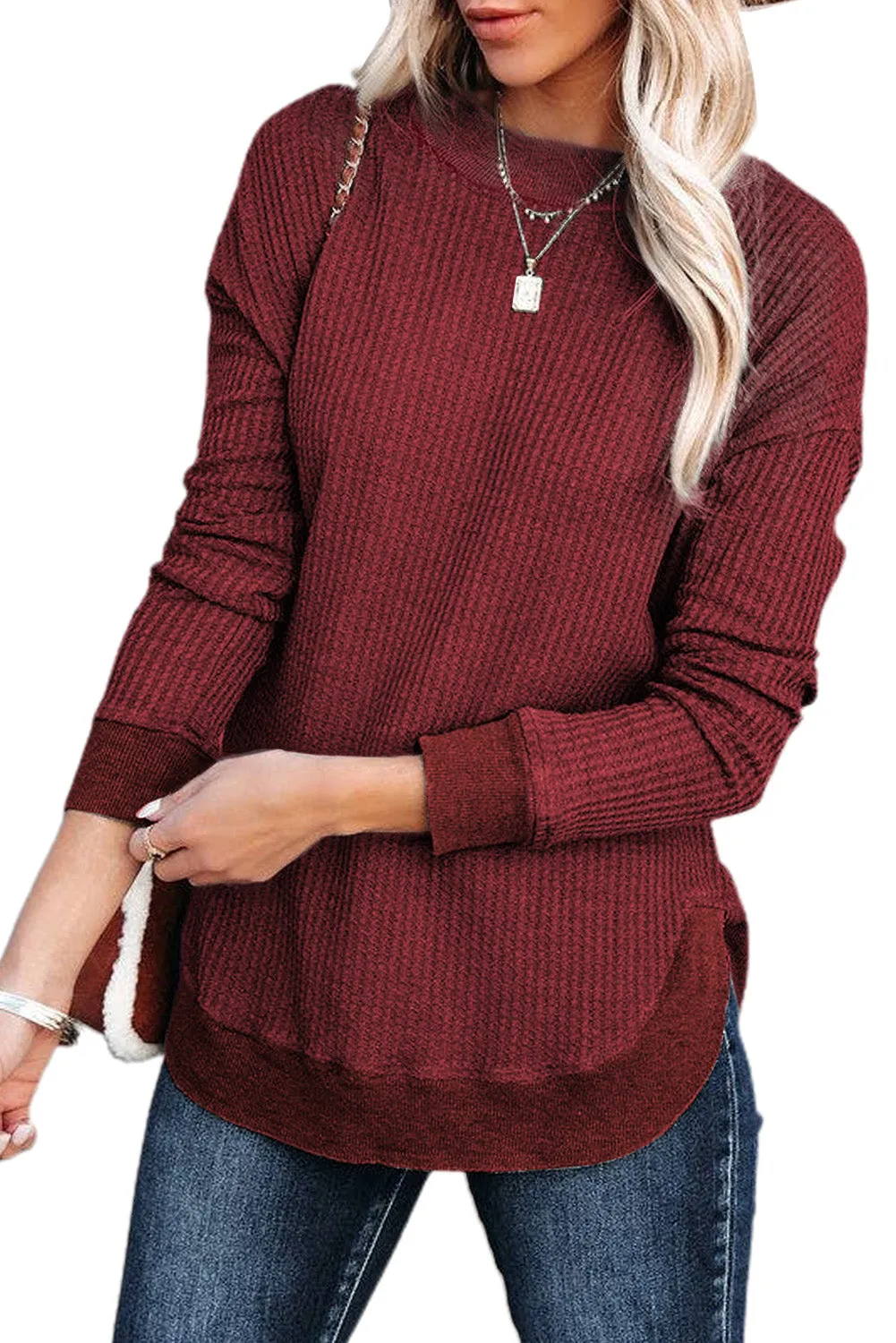 Women's Crew Neck Ribbed Trim Waffle Knit Top