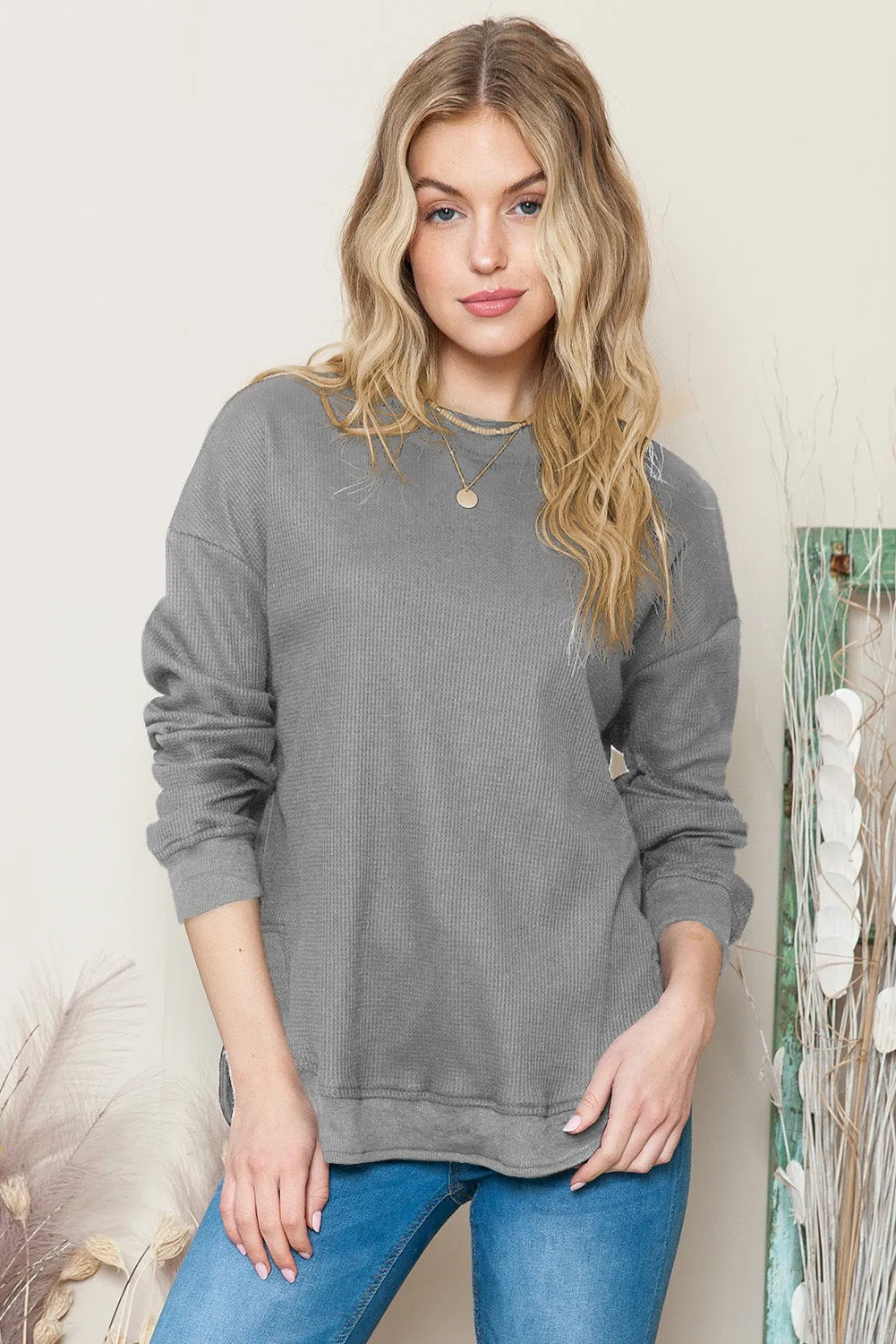 Women's Crew Neck Ribbed Trim Waffle Knit Top