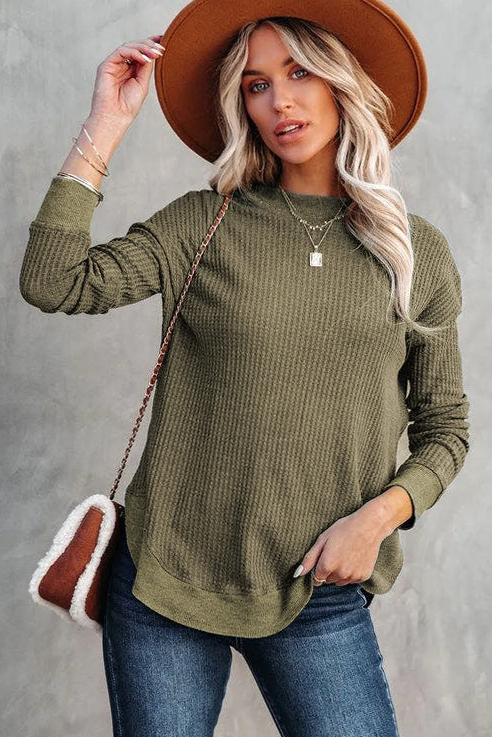 Women's Crew Neck Ribbed Trim Waffle Knit Top