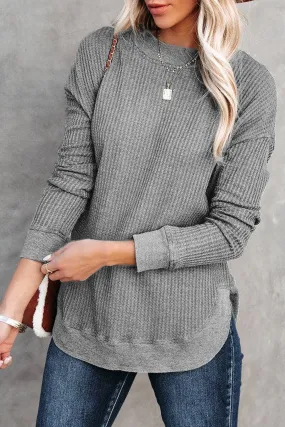 Women's Crew Neck Ribbed Trim Waffle Knit Top