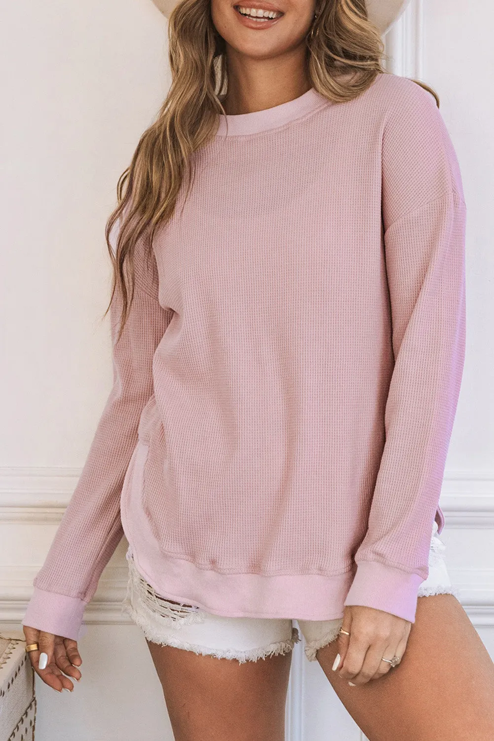 Women's Crew Neck Ribbed Trim Waffle Knit Top