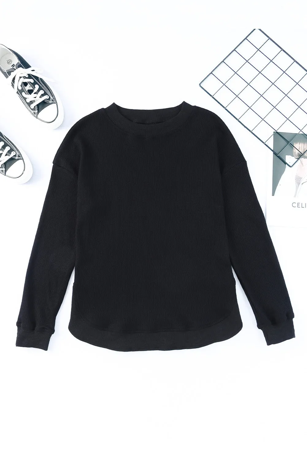 Women's Crew Neck Ribbed Trim Waffle Knit Top