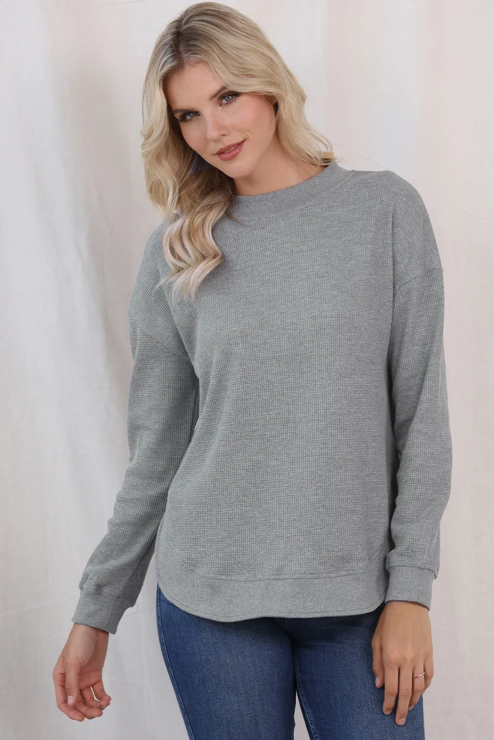 Women's Crew Neck Ribbed Trim Waffle Knit Top