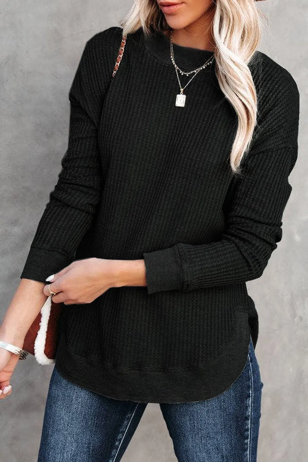 Women's Crew Neck Ribbed Trim Waffle Knit Top