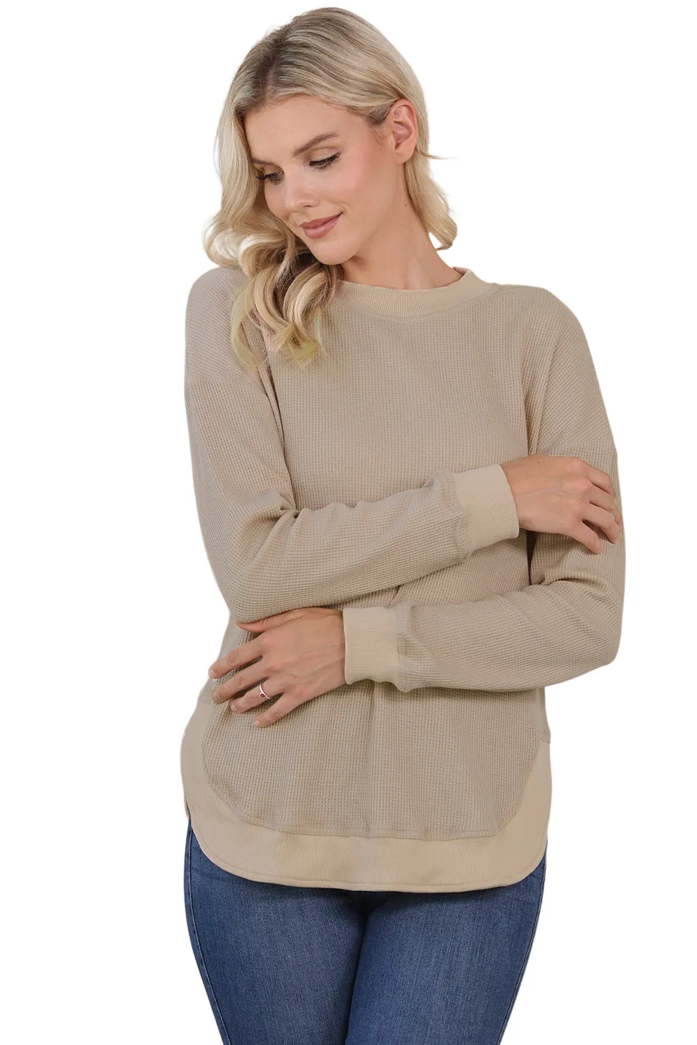 Women's Crew Neck Ribbed Trim Waffle Knit Top