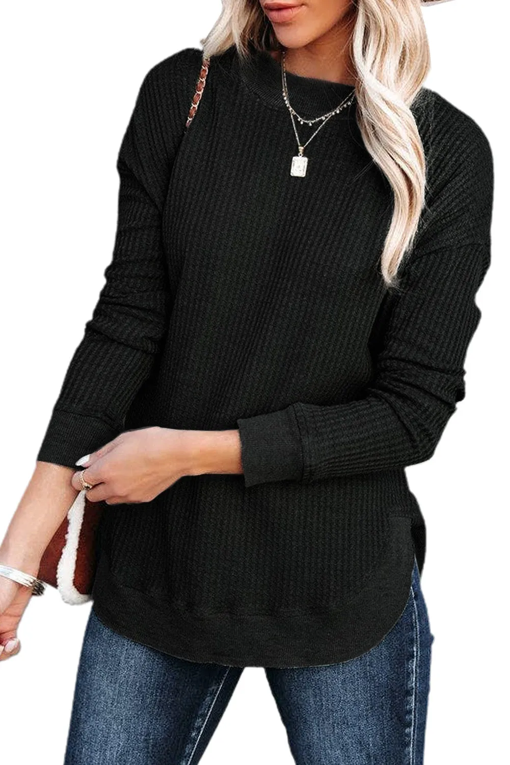 Women's Crew Neck Ribbed Trim Waffle Knit Top