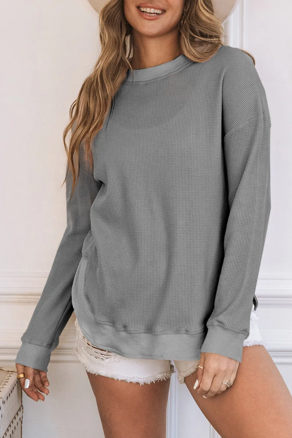 Women's Crew Neck Ribbed Trim Waffle Knit Top