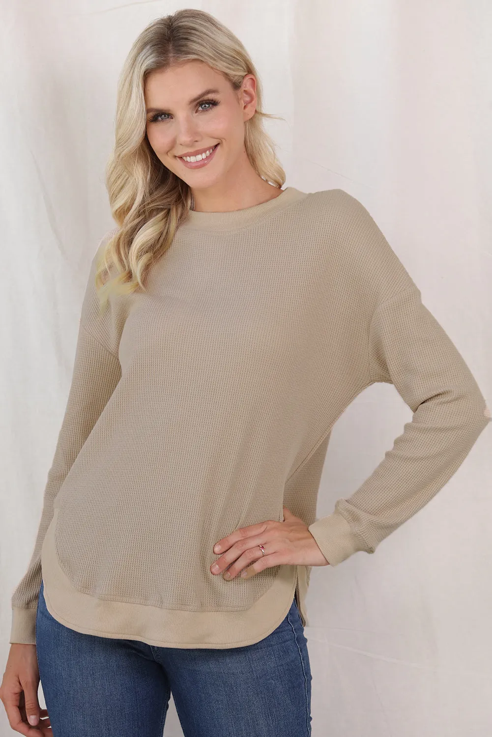 Women's Crew Neck Ribbed Trim Waffle Knit Top