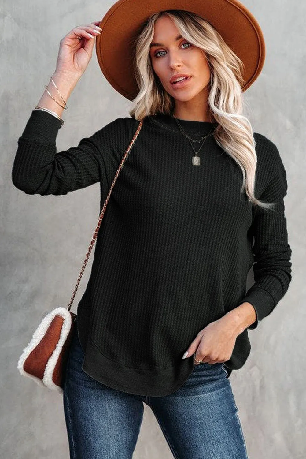 Women's Crew Neck Ribbed Trim Waffle Knit Top