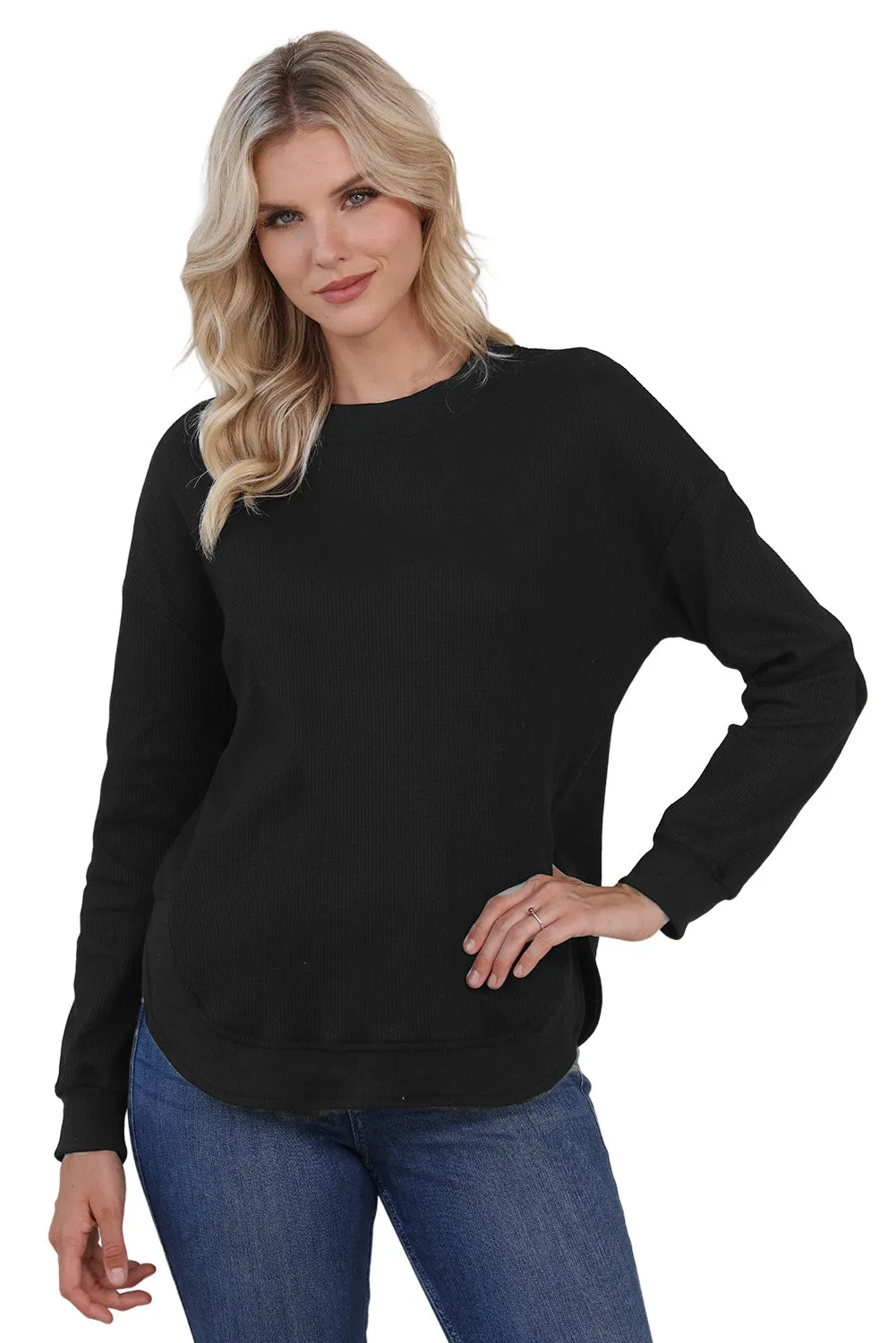 Women's Crew Neck Ribbed Trim Waffle Knit Top