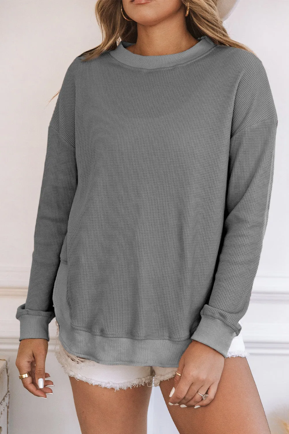 Women's Crew Neck Ribbed Trim Waffle Knit Top