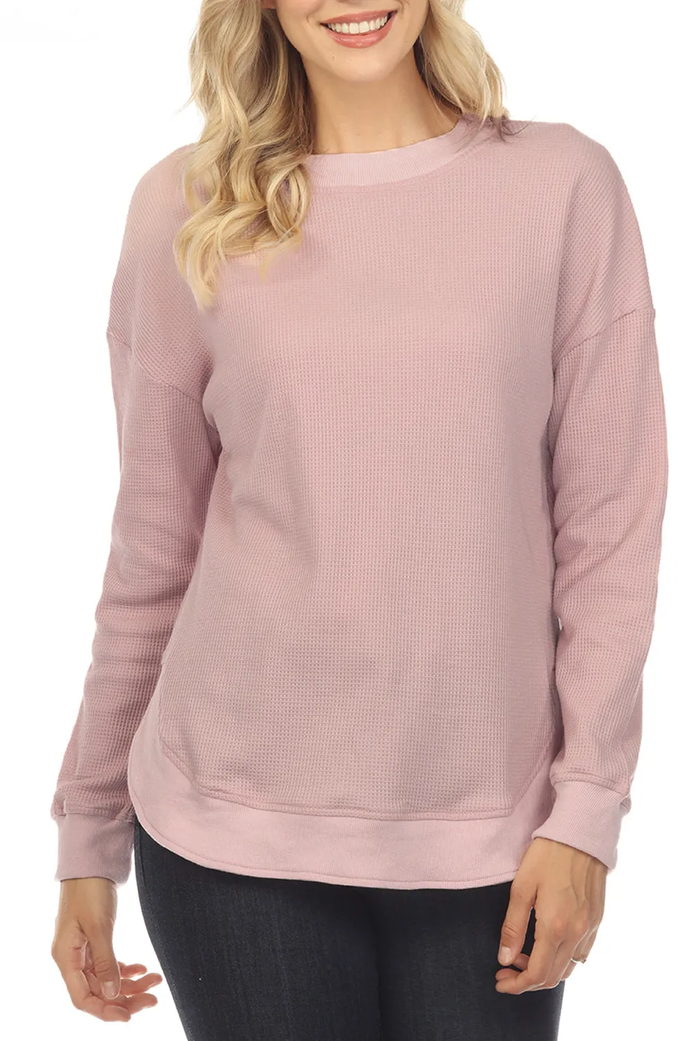 Women's Crew Neck Ribbed Trim Waffle Knit Top