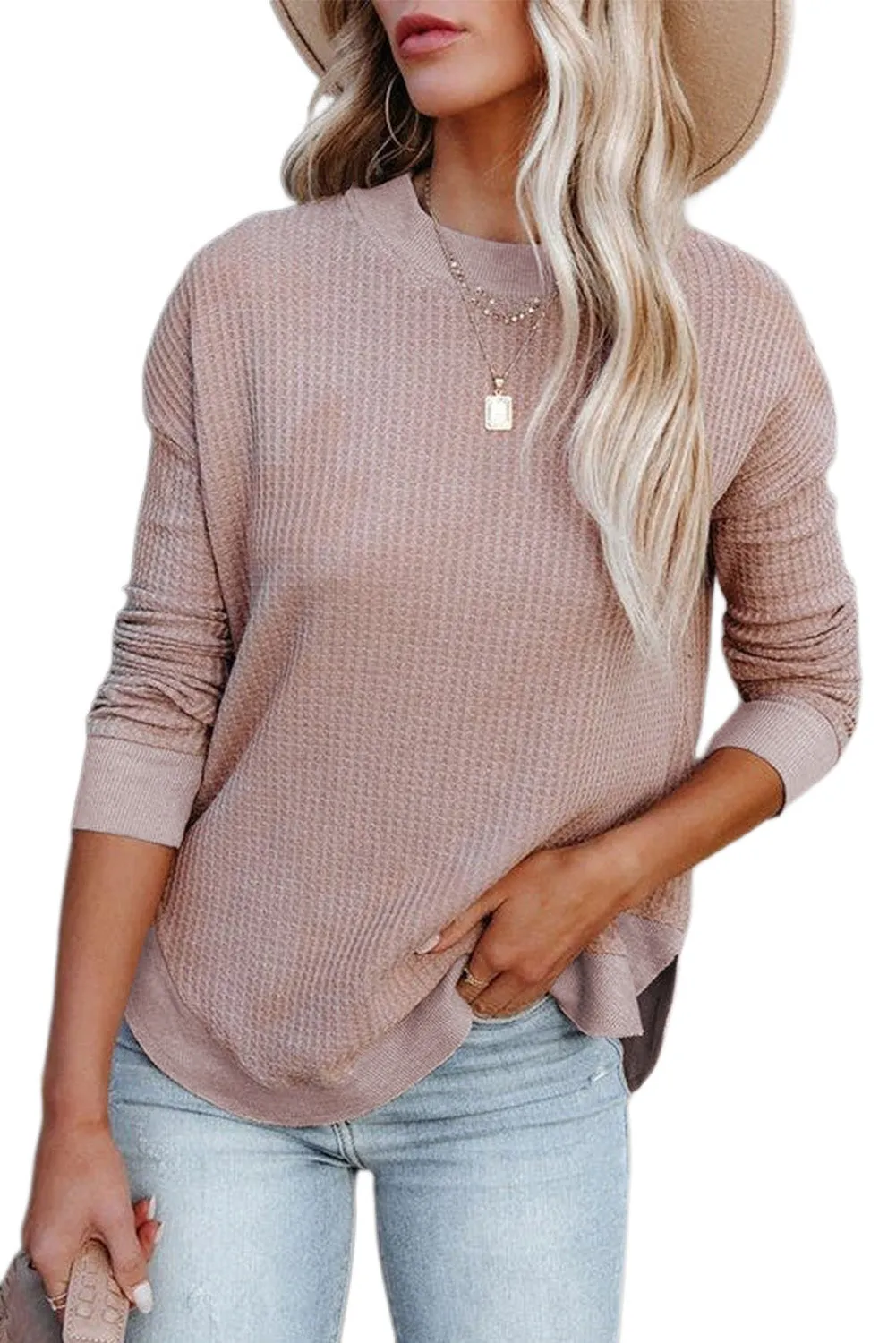 Women's Crew Neck Ribbed Trim Waffle Knit Top