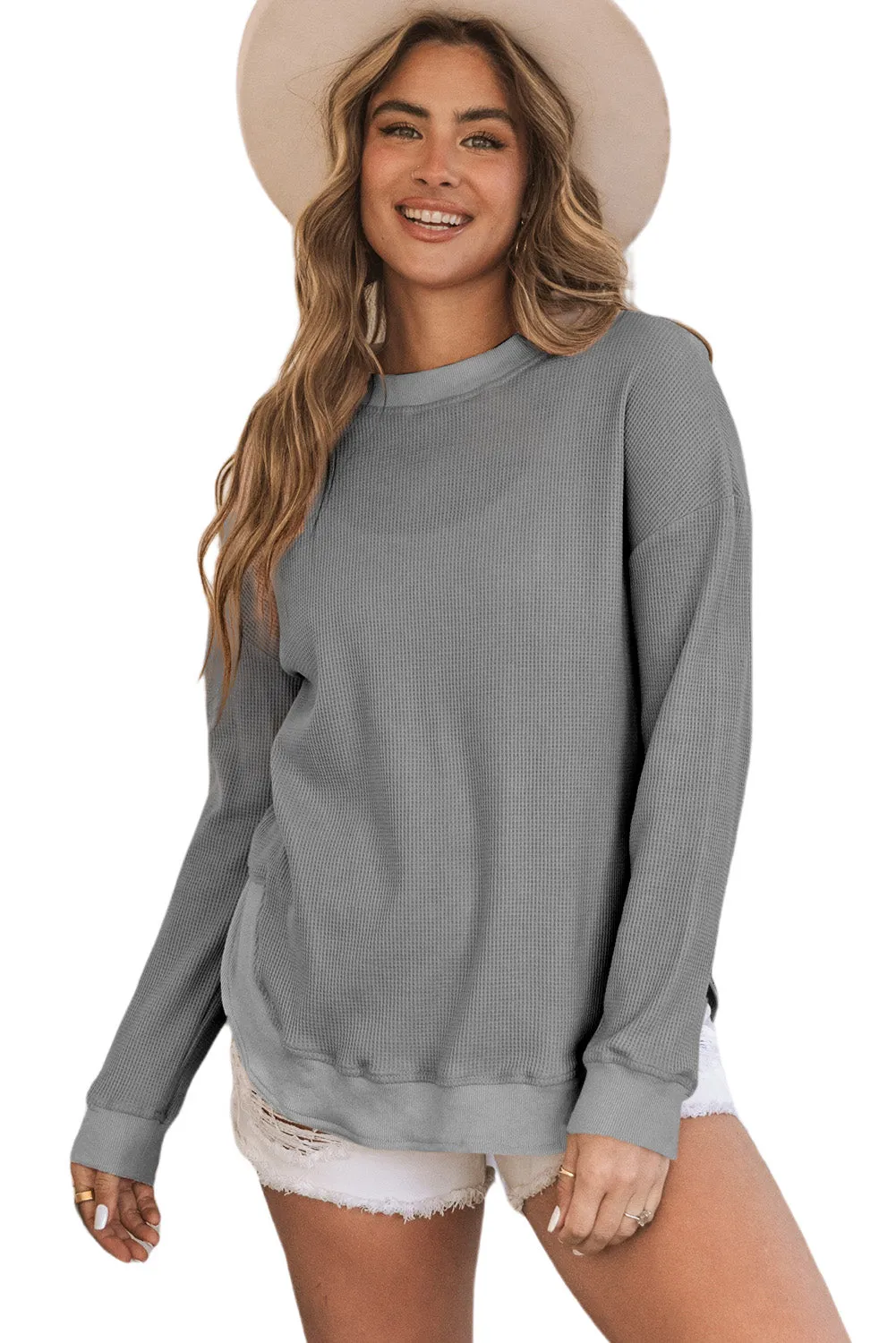 Women's Crew Neck Ribbed Trim Waffle Knit Top