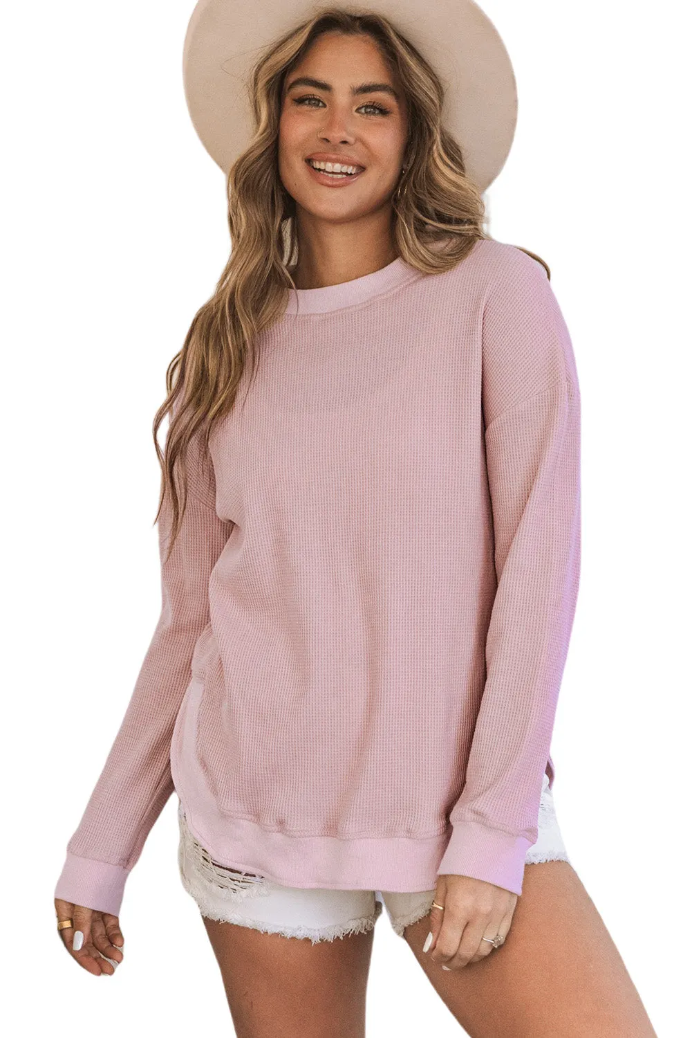 Women's Crew Neck Ribbed Trim Waffle Knit Top