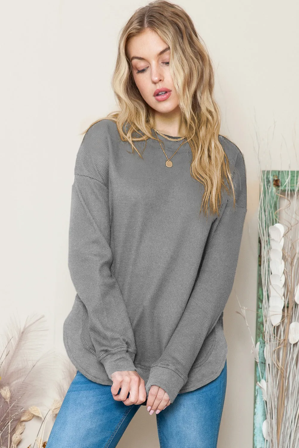 Women's Crew Neck Ribbed Trim Waffle Knit Top